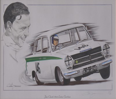 Lot 485 - Christopher Dugan, two Jim Clark racing prints, signed.