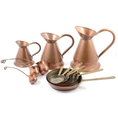 Lot 109 - Set of copper frying pans, jugs and ladles.
