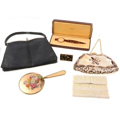 Lot 382 - Vintage handbags, hand mirror, lipstick holder, magnifying glass and greetings cards.