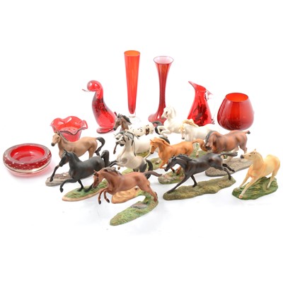 Lot 40 - Red and colourless glass ashtray, vases, and International Museum of the Horse figures.