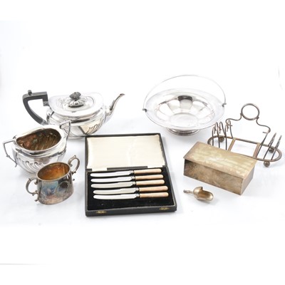 Lot 116 - Four piece silver-plated teaset and other plated wares.