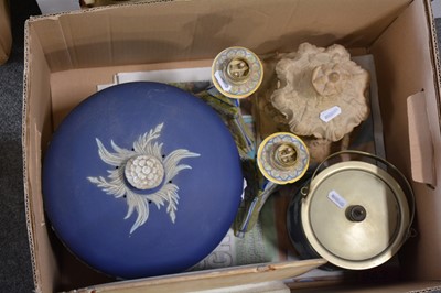 Lot 59 - Large blue and white cheese dish and cover, Wedgwood biscuit barrel, and other ceramics and glasswares.three boxes