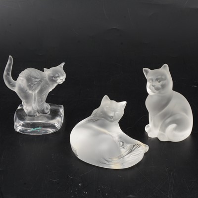 Lot 15 - Lalique Crystal, Happy Cat, a frosted glass figure, and two other cat figures