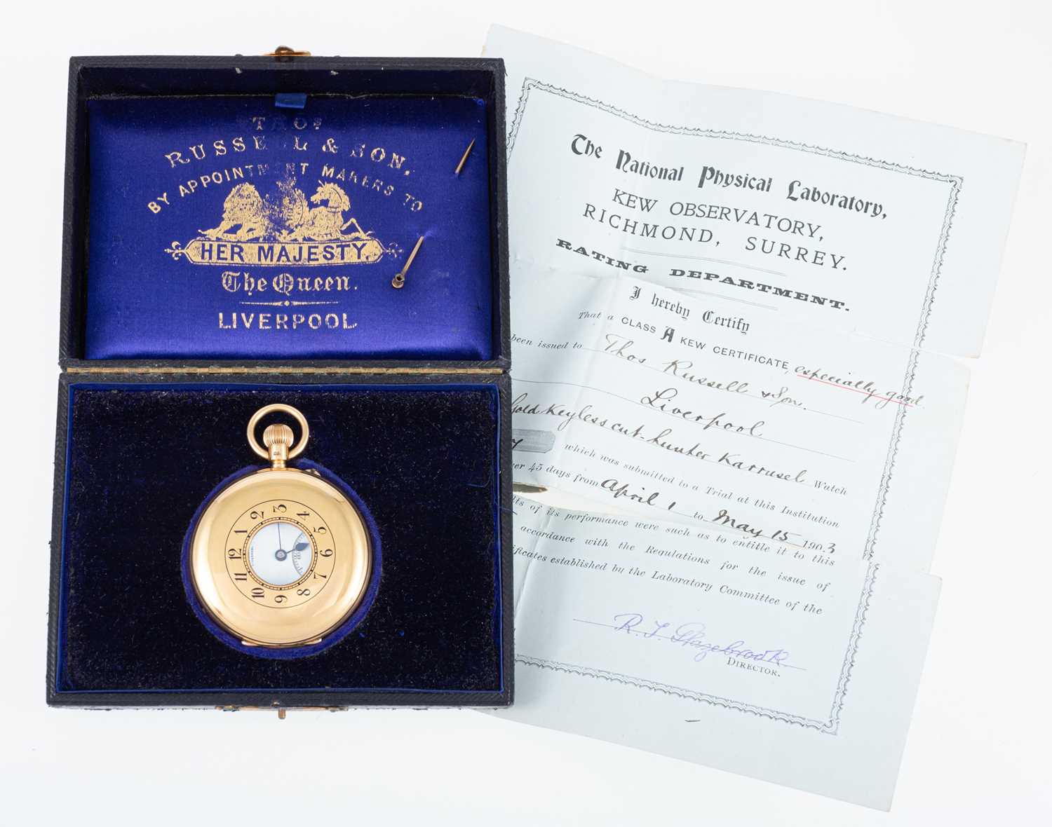 106 - Tho's Russell & Son - an 18 carat gold full hunter pocket watch with original box and certificate.