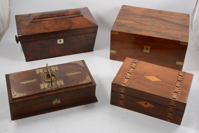 Lot 140 - Victorian walnut tea caddy, smokers box and two other boxes