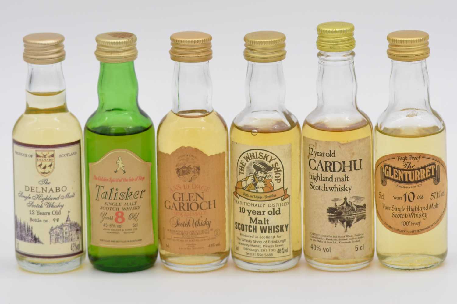 Lot 53 - Six assorted whisky miniatures, including Talisker 8 year old, 1980s bottling