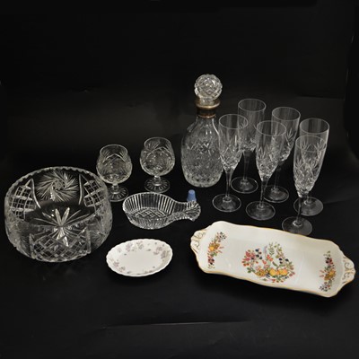 Lot 68 - Cut glass decanter with silver collar, other glassware