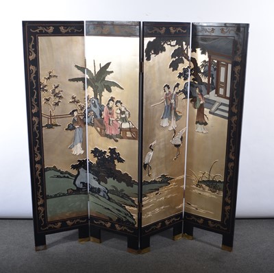 Lot 605 - Japanese painted and lacquered four fold screen.