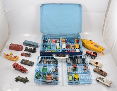 Lot 150 - Quantity of play worn die cast vehicles, Sutcliffe tin plate boat.