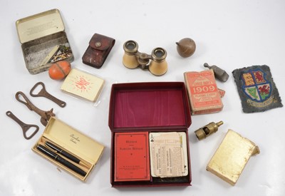 Lot 159 - Two referee's vintage whistles, playing cards, opera glasses etc.