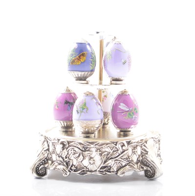 Lot 39 - House of Faberge, Amethyst Garden Mini Eggs and stand