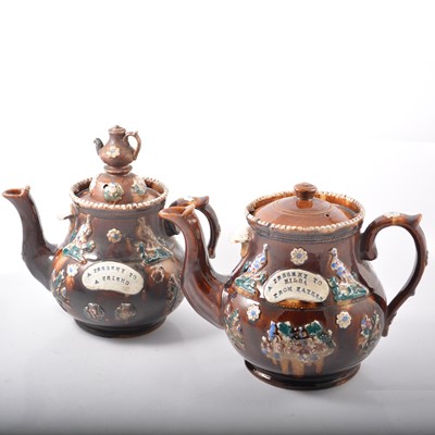 Lot 10 - Five Measham Bargeware teapots and a milk jug.