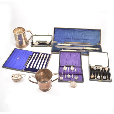 Lot 224 - Silver handled tea knives, mustard pot, pill box, tankard and cup , carving set