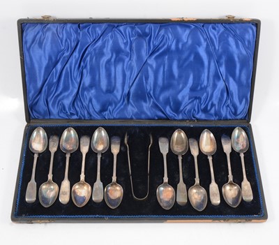 Lot 272 - Cased set of twelve silver teaspoons and sugar tongs, William Rawlings Sobey, Exeter 1851