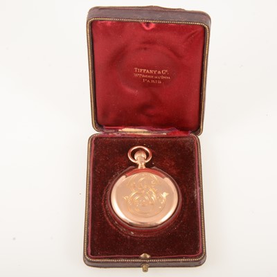 Lot 426 - Tiffany of New York - a full hunter pocket watch with French gold mark, original box.