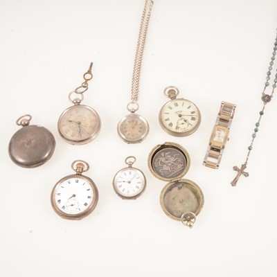 Lot 429 - Two silver pocket watches; two silver fob watches; and other pocket watches.