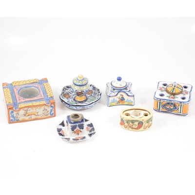 Lot 43 - Six French and Italian faience style inkwells and encrier.