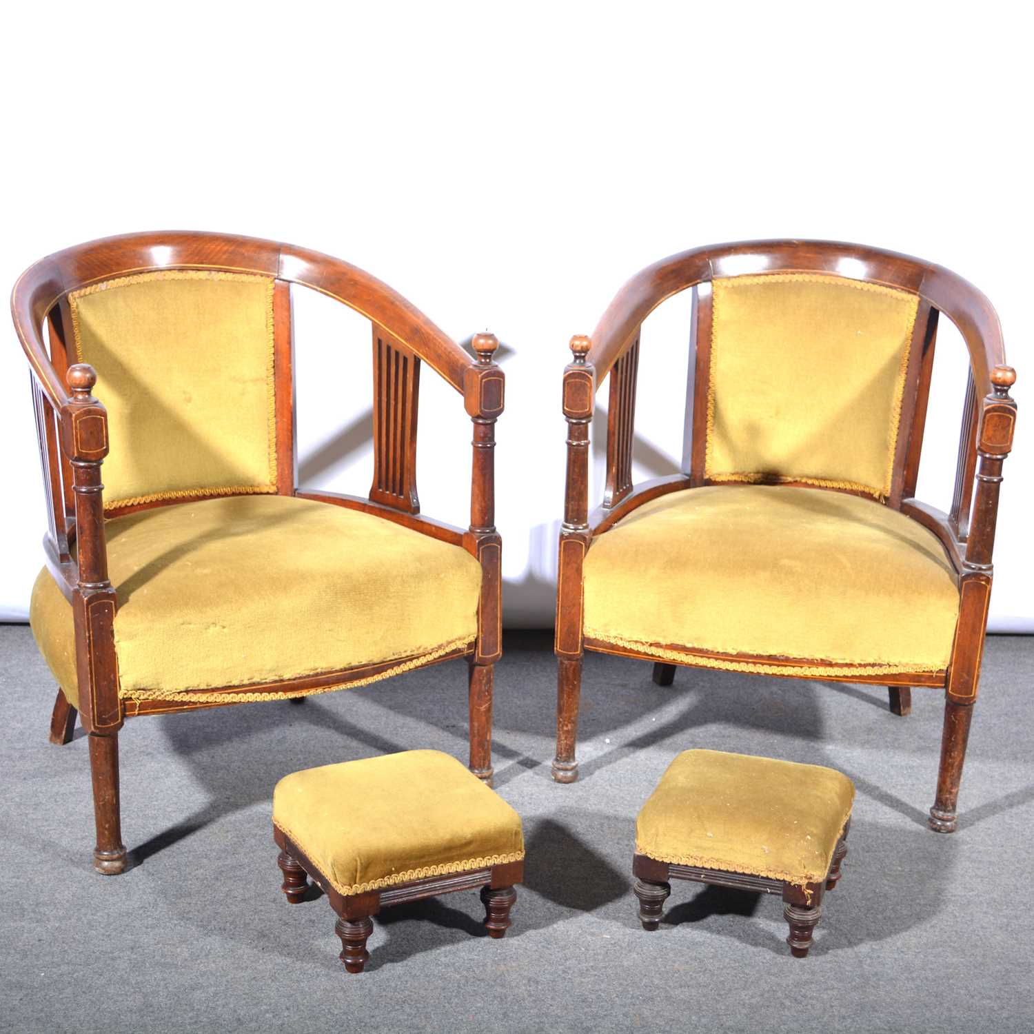 Lot 591 Pair of tub chairs and stools.