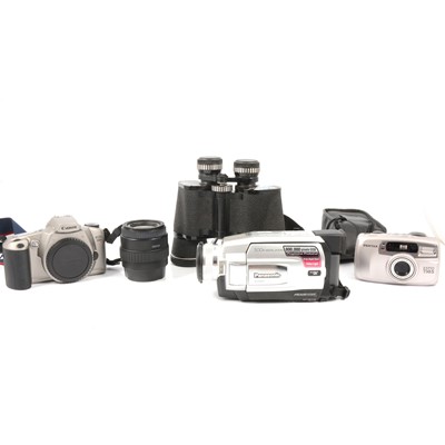 Lot 120 - Pathescope 20x50 binoculars, Canon EOS3000 film camera etc