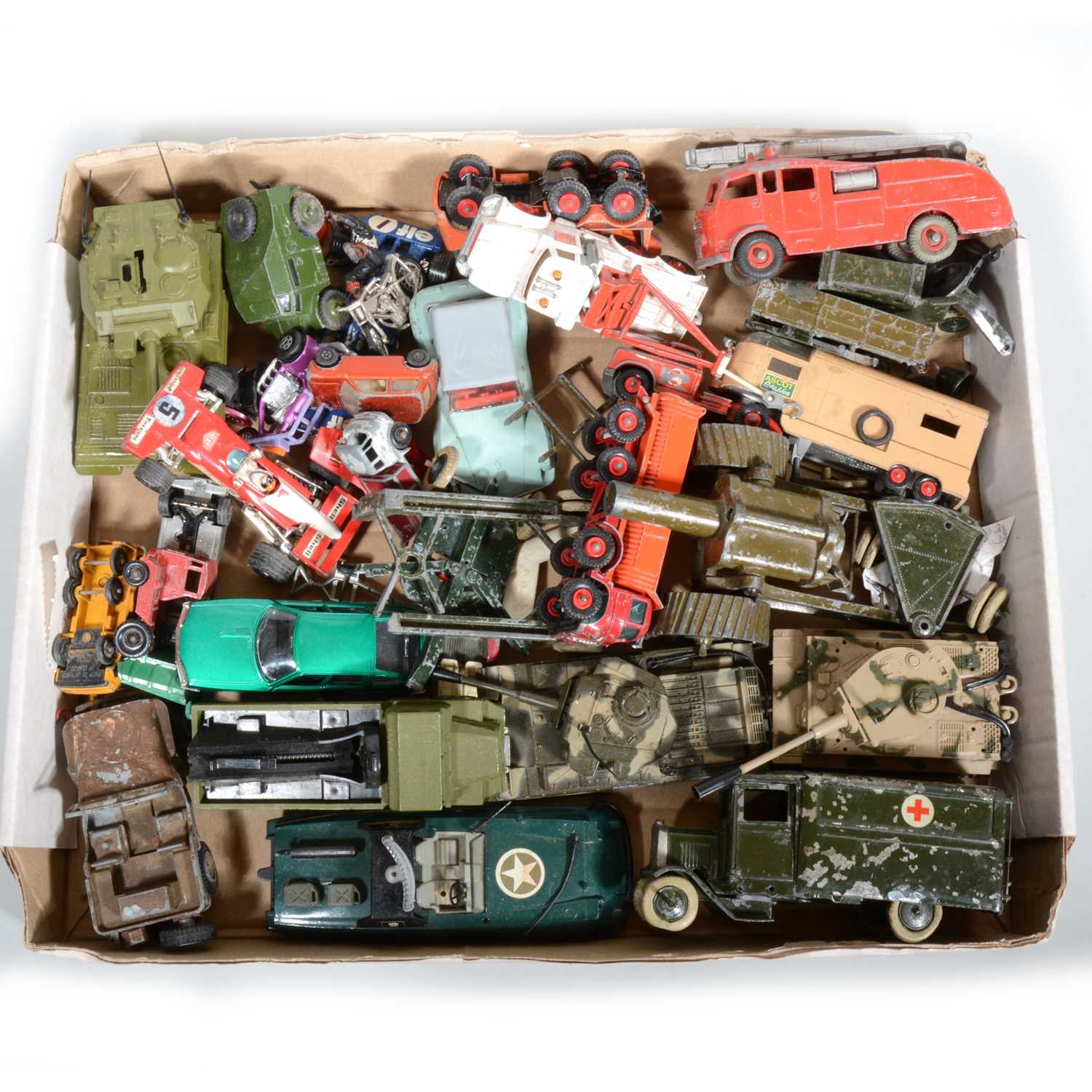 Lot 112 - Die-cast models, vehicles and cars, one tray including early Britains military ambulance