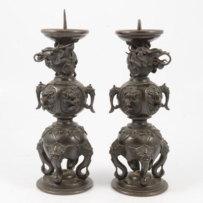 Lot 92 - Pair of Chinese bronze pricket candlesticks