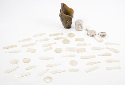 Lot 237 - Collection of Chinese mother-of-pearl counters, soap stone cup, and small silver