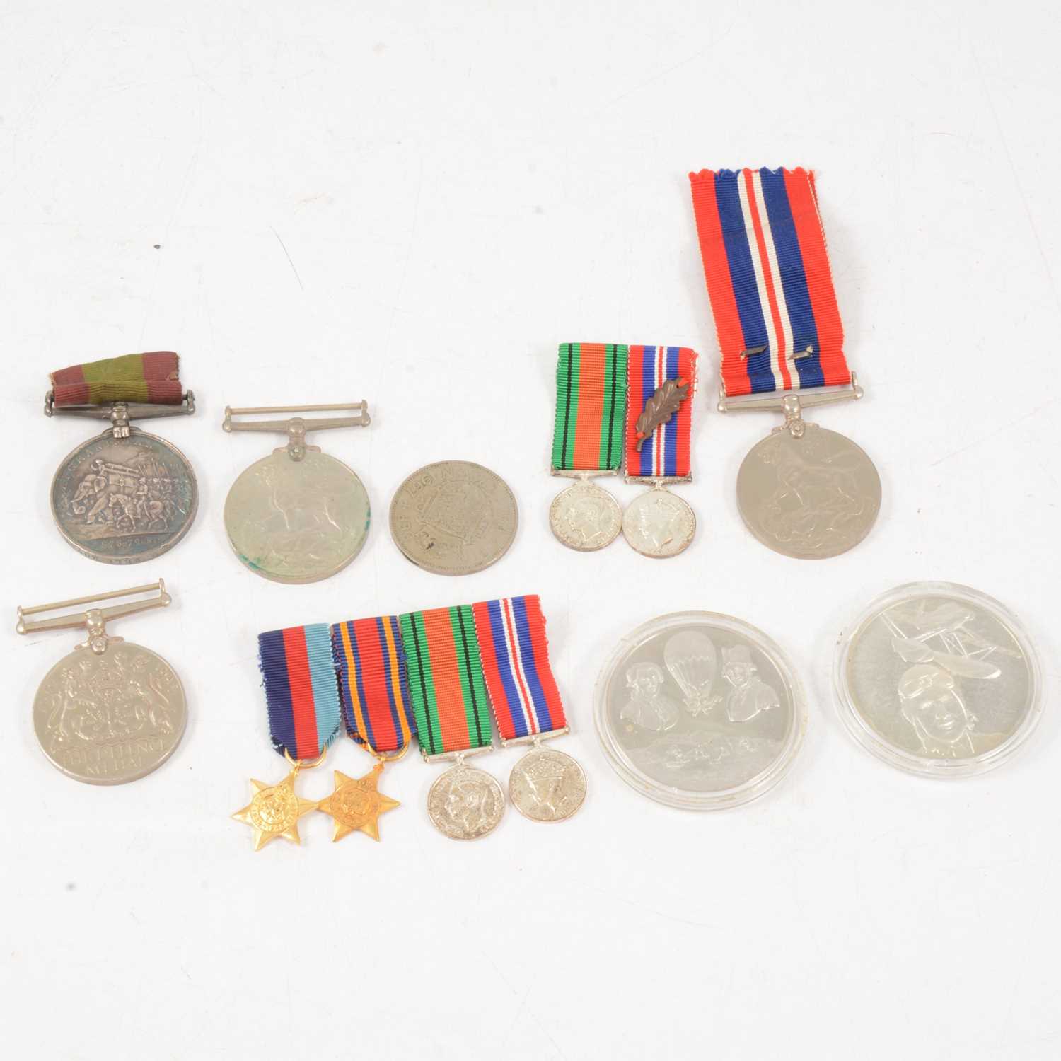 Lot 219 - Victorian Afghanistan medal, WWII medals, two silver collector's coins.