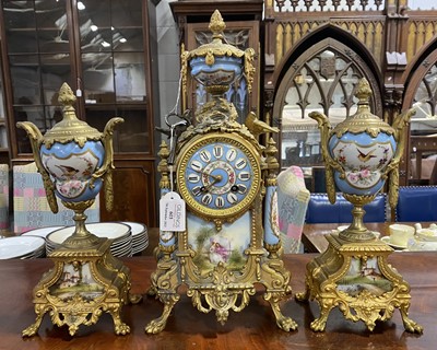 Lot 603 - 19th Century French gilt spelter and porcelain clock garniture