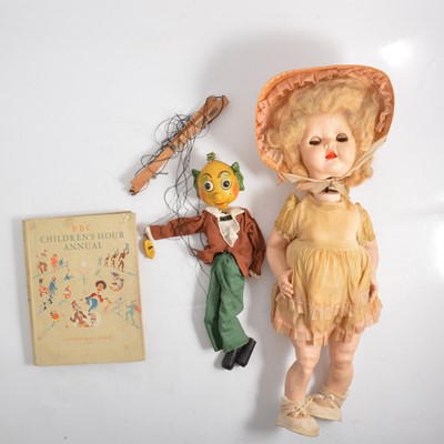 Lot 123 - Pedigree Delite doll in original box (a/f), Pelham Puppet Mr Turnip and a book.