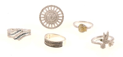 Lot 327 - Gemporia - Five white and coloured diamond rings.