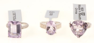 Lot 328 - Gemporia - Three Rose de France amethyst rings, plus pendant and earrings.