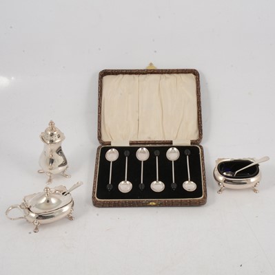 Lot 138 - Three-piece silver condiments set, Elkington & Co, Birmingham 1966 and 1967.