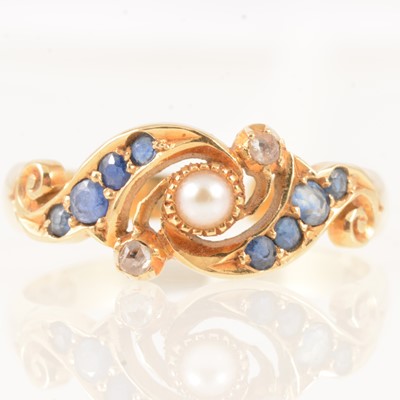 Lot 297 - An 18 carat gold sapphire, pearl and diamond ring, Chester mark.