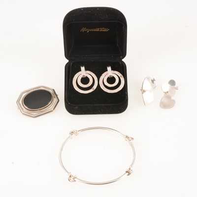 Lot 379 - Silver bangle, black onyx brooch and pair of cufflinks playing card suits, drop earrings.