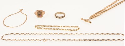 Lot 302 - Two 9 carat gold neck chains, two bracelets, eternity and broken signet ring.