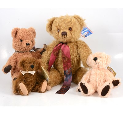 Lot 292 - Four teddy bears, including Merrythought long haired bear, signed Oliver Holmes