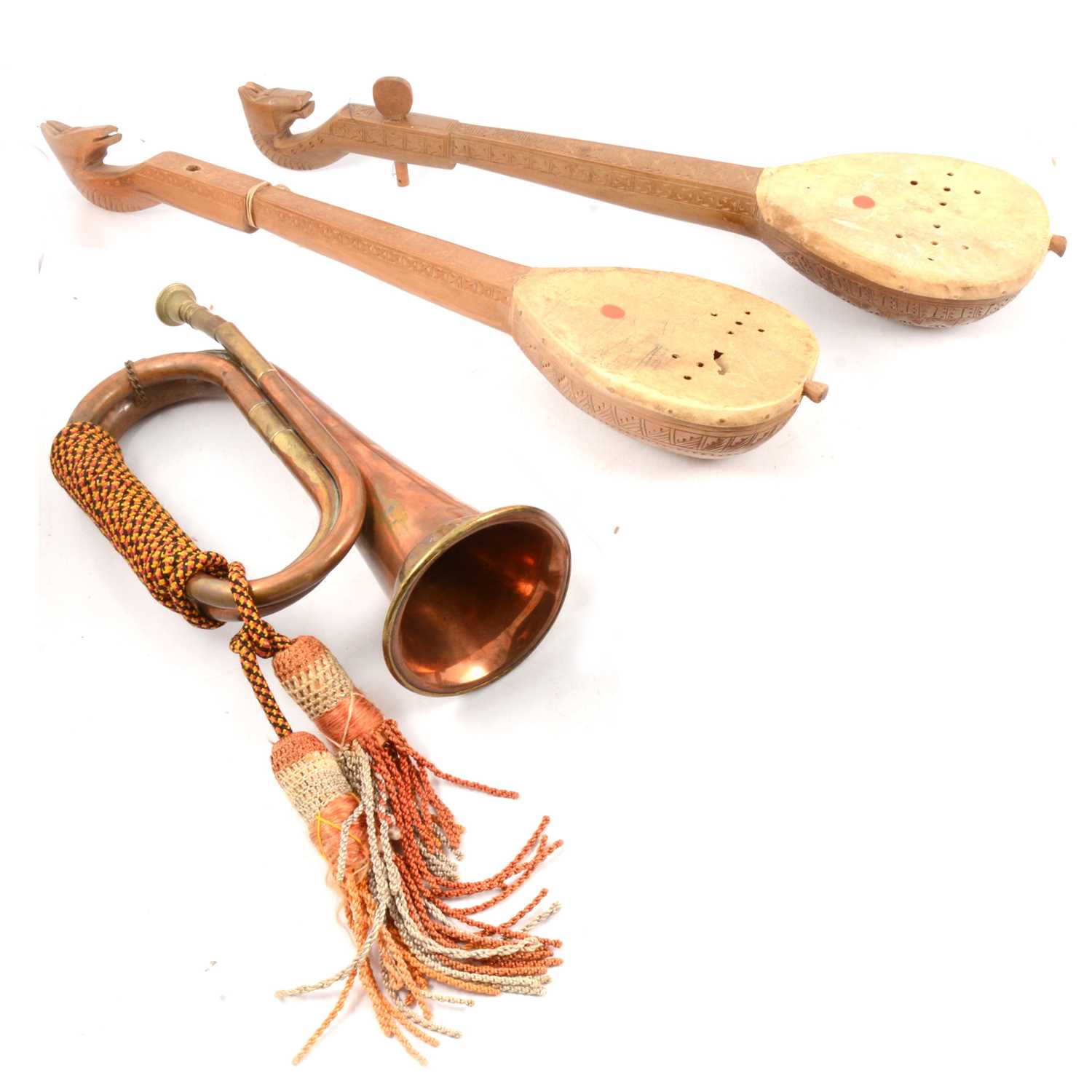 Lot 158 - Two ethnic stringed instruments; and a post