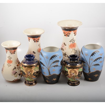 Lot 25 - Pair of Satsuma vases, three modern Chinese vases and a pair of Staffordshire vases
