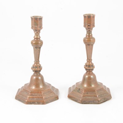 Lot 202 - Pair of brass candlesticks, 18th Century