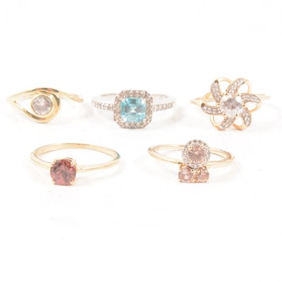 Lot 308 - Gemporia - Five zircon set rings in 9 carat yellow gold and silver.