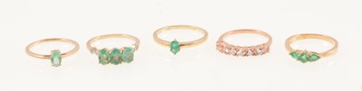 Lot 290 - Gemporia - Four emerald set rings and one morganite set ring.