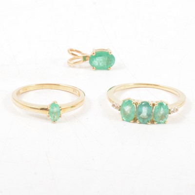 Lot 312 - Gemporia - A pair of Zambian emerald and diamond earrings, plus emerald set rings.
