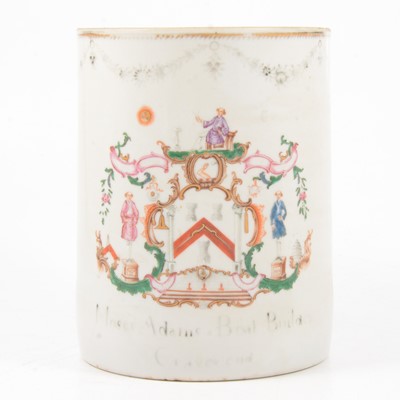 Lot 35 - An 18th century Chinese export famille rose Armorial mug, Moses Adams Boat Builder.