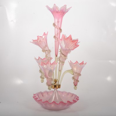 Lot 52 - Victorian pink and green vaseline glass epergne