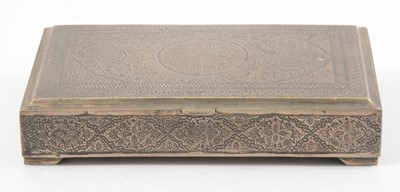 Lot 252 - A Persian white metal cigarette box marked with the lion and sabre for Isfahan - Iran.