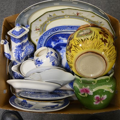 Lot 27 - Collection of blue and white transfer printed wares, two jardinieres.