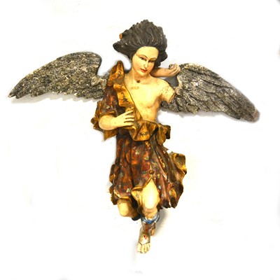 Lot 130 - Spanish/South American carved wood and painted figure of an angel