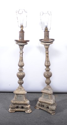 Lot 132 - Pair of 19th Century Italian turned wood and plaster altar candlesticks