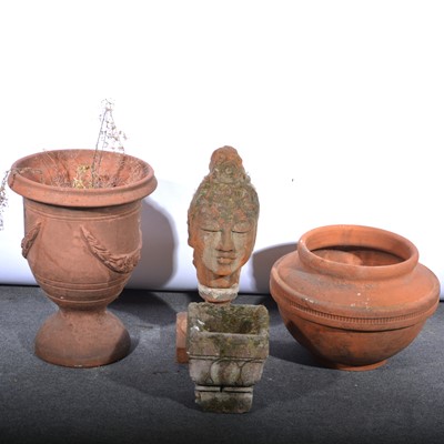 Lot 650 - Two terracotta garden urns, bust and a concrete garden vase