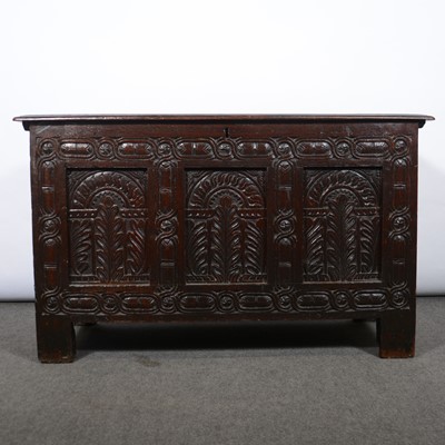 Lot 480 - Joined oak coffer, carved panels and borders